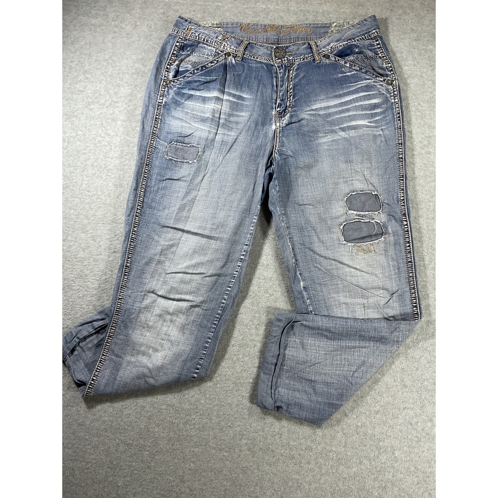 Vanilla Star Womens Light Wash Distressed Patch Straight Leg Jeans Size 9 2444